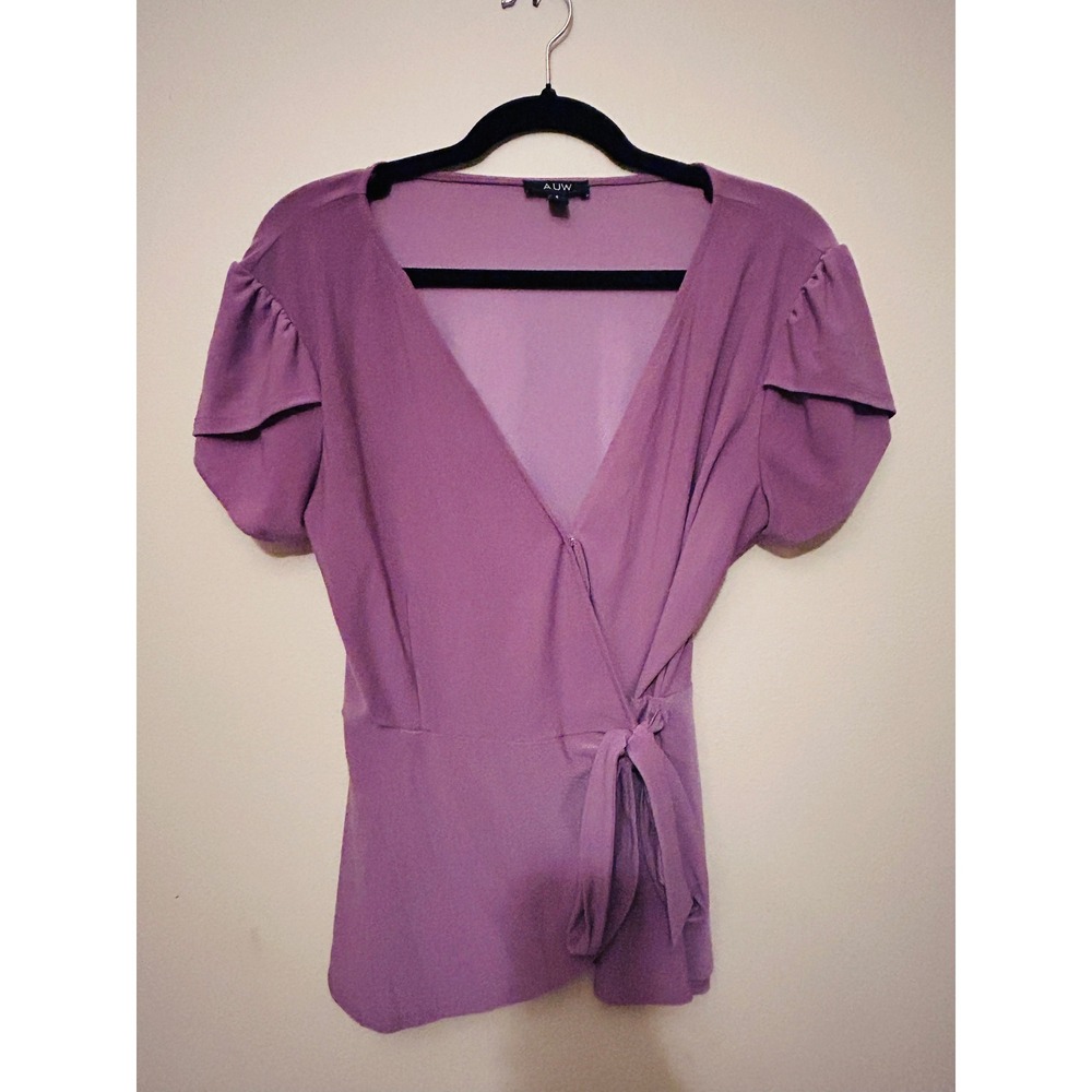AUW Wrap Peplum Top Womens Medium Mauve Purple‎ Excellent Tulip Sleeve T66104F67